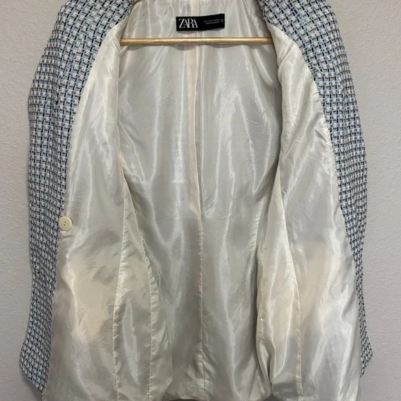 Zara Woman Double Breasted Texture Weave Tweed Blazer Jacket Blue White Size S - Picture 11 of 14